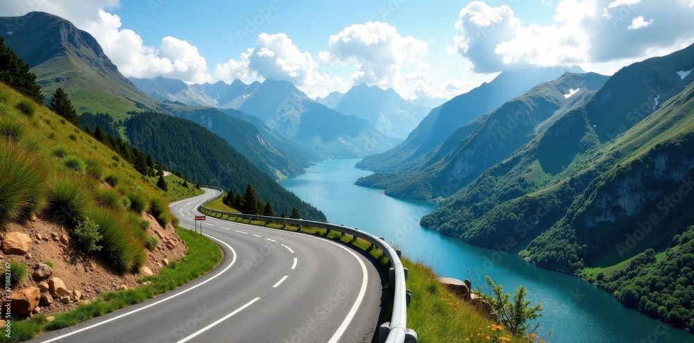 Naklejka premium Curving road ascends Lake District valley; majestic mountains backdrop , spring, panorama