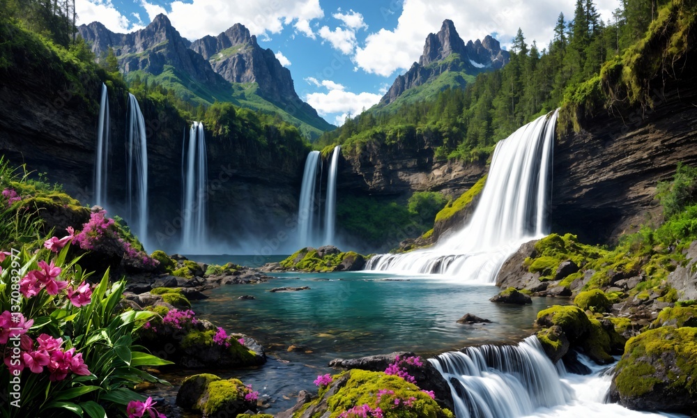 Fototapeta premium Golden sunrise over a cascading waterfall in a lush spring valley – Breathtaking nature retreat with misty air, vibrant wildflowers, and crystal-clear waters