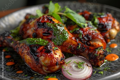 Tandoori Drumsticks plated upright with charcoal sear marks, mint glaze and