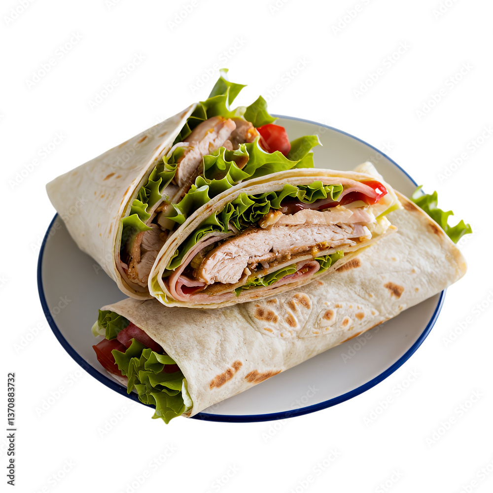 A savory chicken and ham wrap bursting with fresh lettuce and tomato, a delightful lunch on a simple white plate with a navy blue rim. isolated on a transparent Png background. A savory chicken and ham wrap bursting with fresh lettuce and tomato, a delightful lunch on a simple white plate with a navy blue rim. isolated on a transparent Png background.