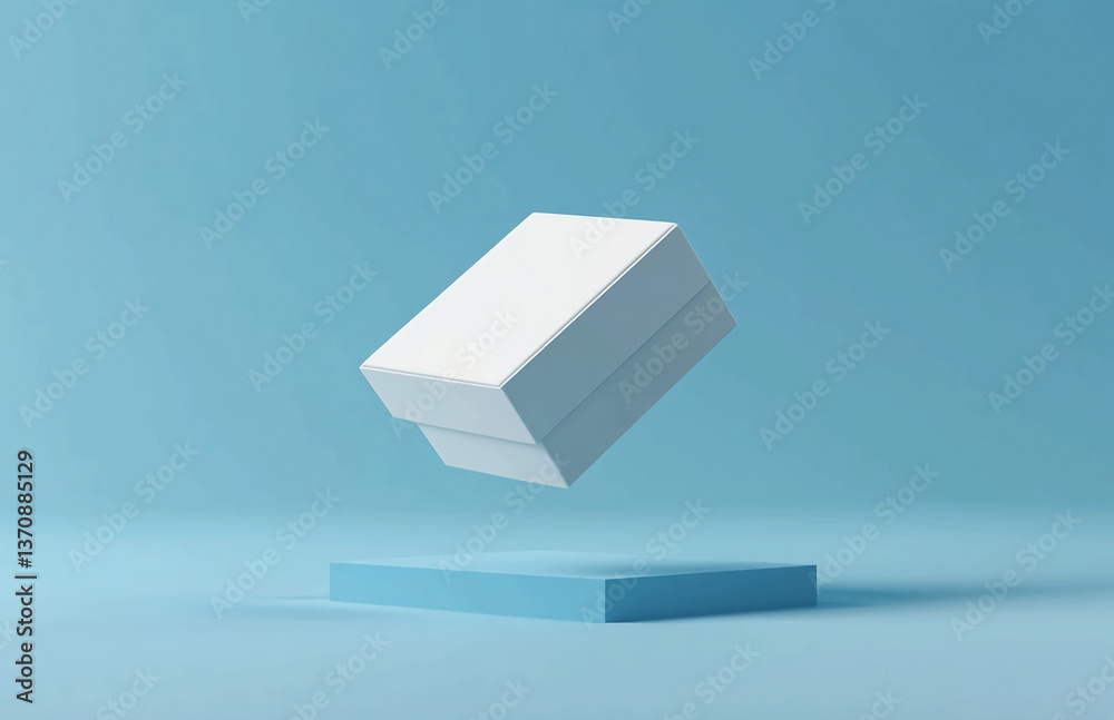 White box packaging mockup floating above blue platform for product display and branding presentation White box packaging mockup floating above blue platform for product display and branding presentation