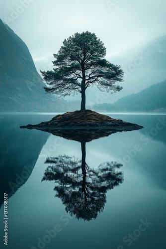 Lone tree on island in still water, tranquil landscape with mirror reflection and moody mountain backdrop
