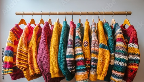 Colorful Knitted Sweaters Displayed on Hangers in a Cozy Shop Setting During ...