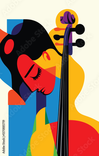 A modern abstract illustration of a woman playing the cello, depicted in a vibrant geometric and cubist style.
