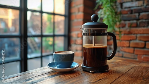 Freshly Brewed Coffee on a Wooden Table by a Large Window in a Cozy Cafe Setting
