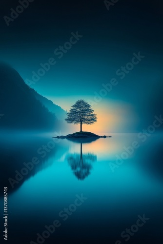 Lone tree on island in still water, tranquil landscape with mirror reflection and moody mountain backdrop
