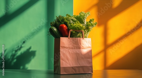 Fresh Vegetables in a Paper Bag Against Colorful Wall Background in Natural L...