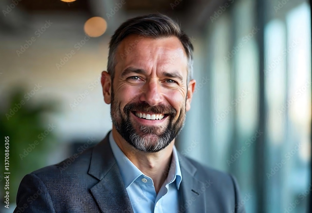 Naklejka premium A confident professional man in a modern office setting, wearing a dark blazer over a light blue shirt. Soft natural light streams through large windows, creating a focused and corporate ambiance.