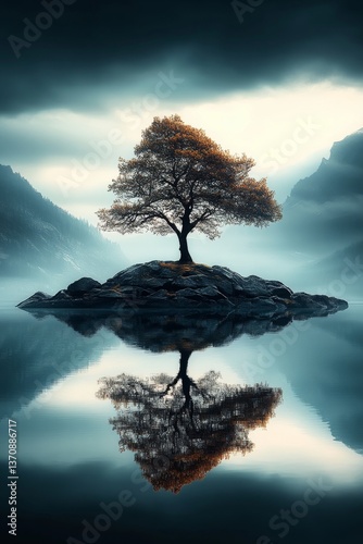 Lone tree on island in still water, tranquil landscape with mirror reflection and moody mountain backdrop
