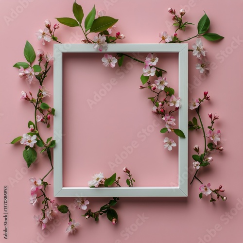 Floral Frame Design With Delicate Blossoms on Soft Pink Background