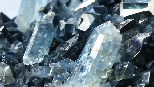 A close-up view of a collection of shimmering blue and gray Tourmalinated Quartz crystals, showcasing their intricate facets and natural beauty. The crystals are arranged in a visually appealing.