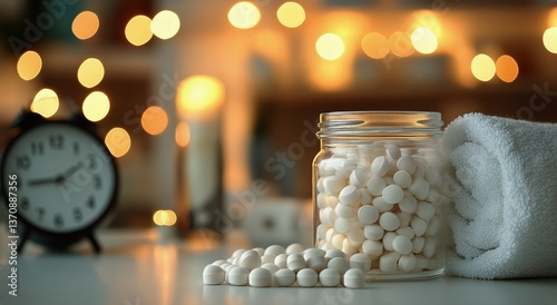 Relaxation Setting With Towels, Clock, and White Tablets After a Spa Treatmen...