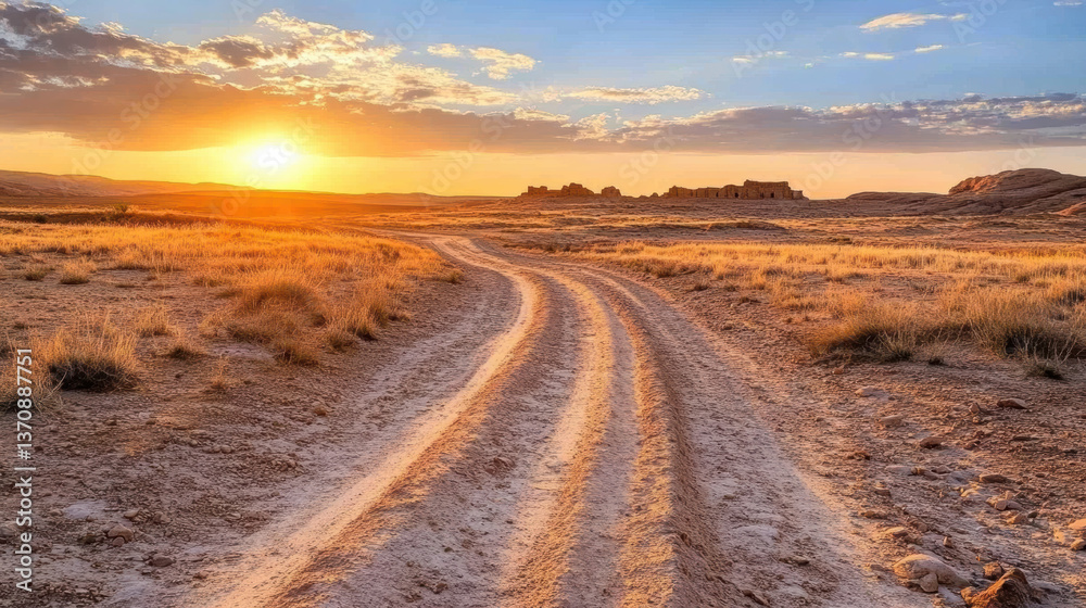 Fototapeta premium scenic view of desert landscape at sunrise, featuring winding dirt path leading to ancient ruins in distance, surrounded by golden grass and vibrant sky