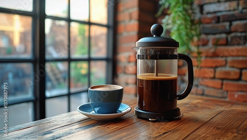 Freshly Brewed Coffee on a Wooden Table by a Large Window in a Cozy Cafe Setting