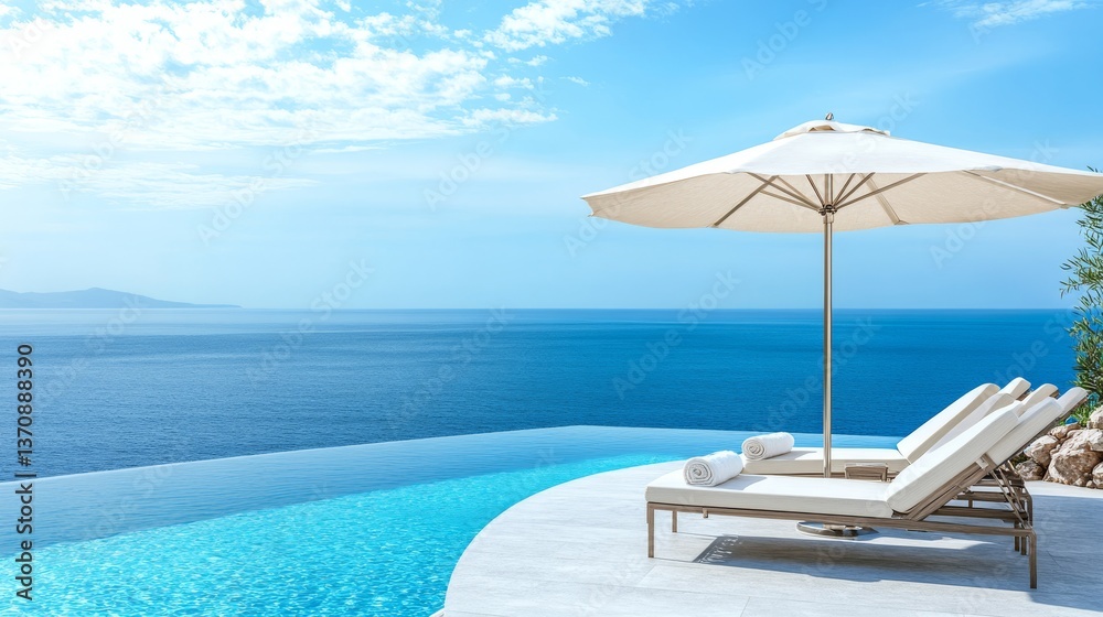 Obraz premium Fantastic private villa, terrace view with sun beds chairs under umbrella, luxury pool hotel stunning summer pattern. Beautiful spa or wellness, recreational vacation resort tourism. Tranquil sea sky