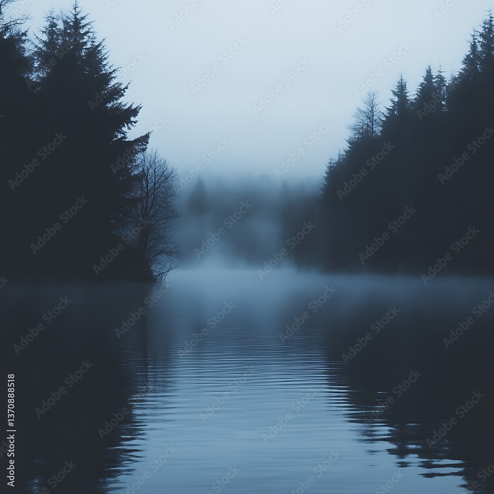 Fototapeta premium Misty Lake, Silhouette Trees