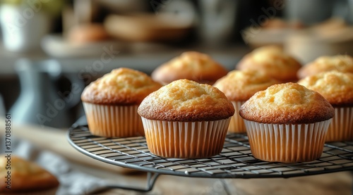 Freshly Baked Cupcakes Cooling on a Rack in a Cozy Kitchen Setting During Day...