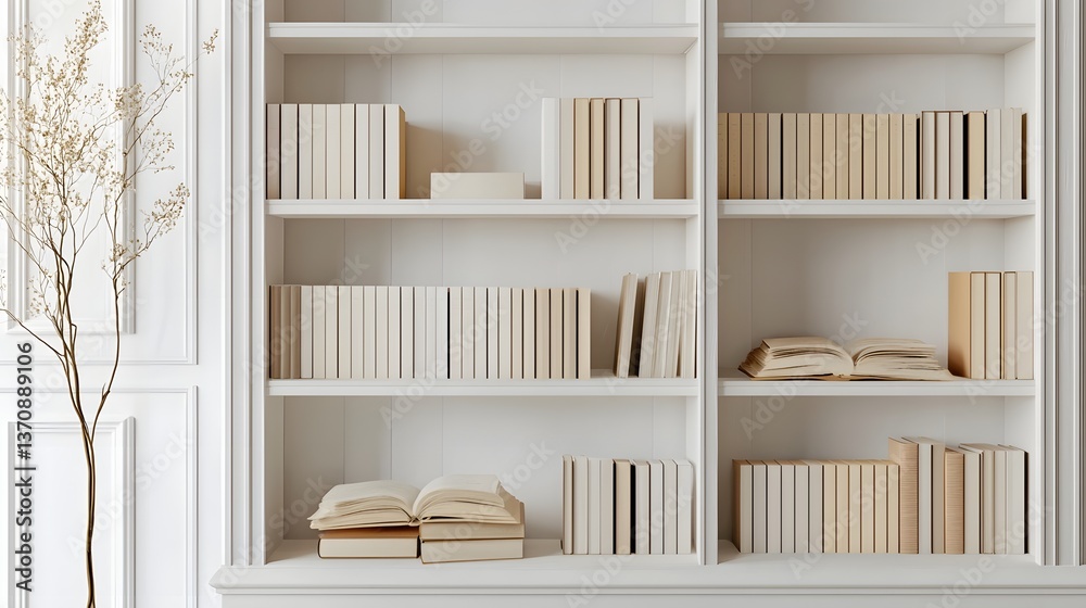 Neatly Arranged Books on a Modern White Bookshelf Minimalist Background Neatly Arranged Books on a Modern White Bookshelf Minimalist Background
