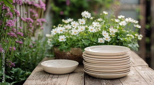 Stack of Ceramic Plates Resting on Wooden Table Near Blooming Flowers in a Su...