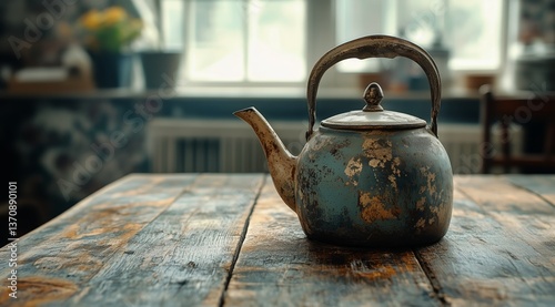 Rustic Blue Kettle Placed on an Aged Wooden Table in a Cozy Cafe Setting Duri...
