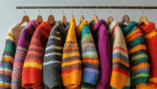 Colorful Knitted Sweaters Displayed on Hangers in a Cozy Shop Setting During ...