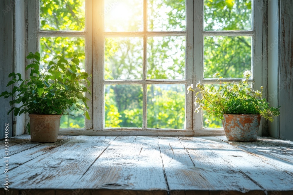 Serene Sunlight Streaming Through Rustic Window Frame Illuminating Potted Plants on Weathered Wooden Surface Capturing Tranquil Indoor Scene Serene Sunlight Streaming Through Rustic Window Frame Illuminating Potted Plants on Weathered Wooden Surface Capturing Tranquil Indoor Scene
