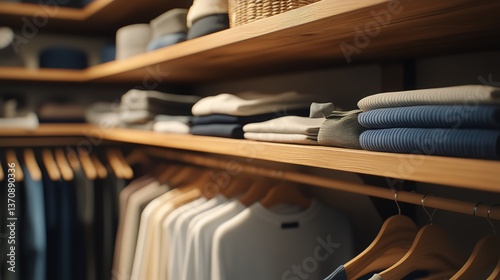 Cozy Clothing Store Interior Displaying Neatly Folded Garments on Wooden Shel...