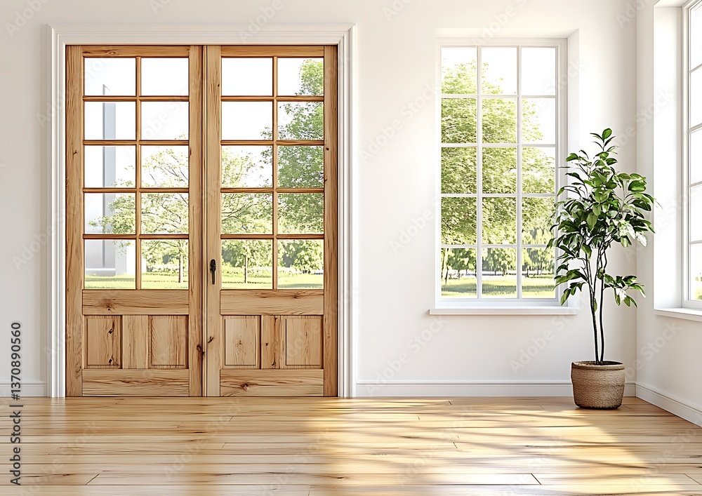 Fototapeta premium A light filled room displaying wooden doors and a leafy plant