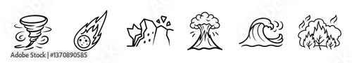 Set of 6 Outline Icons Depicting Natural Disasters
