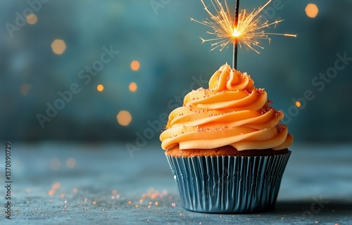 Delicious Cupcake Topped With Orange Frosting and Sparkler on a Festive Backg...