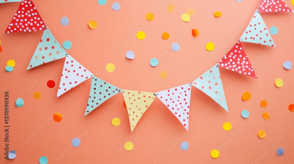 Fototapeta premium A festive bunting garland and confetti on a peach-colored background.