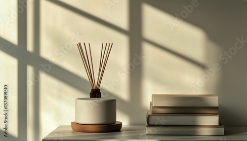 Elegant Floral Arrangement and Aromatic Decor on a Wooden Table in Soft Sunlight