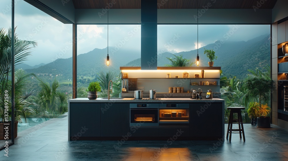 Fototapeta premium Modern kitchen with mountain view (1)