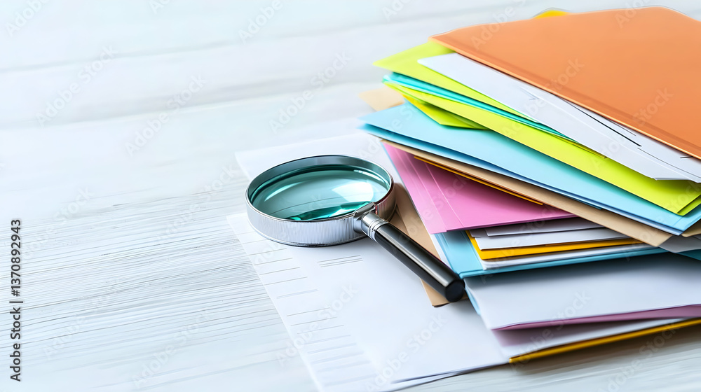 Colorful Stacked Documents With Magnifying Glass On Light Wooden Table Colorful Stacked Documents With Magnifying Glass On Light Wooden Table