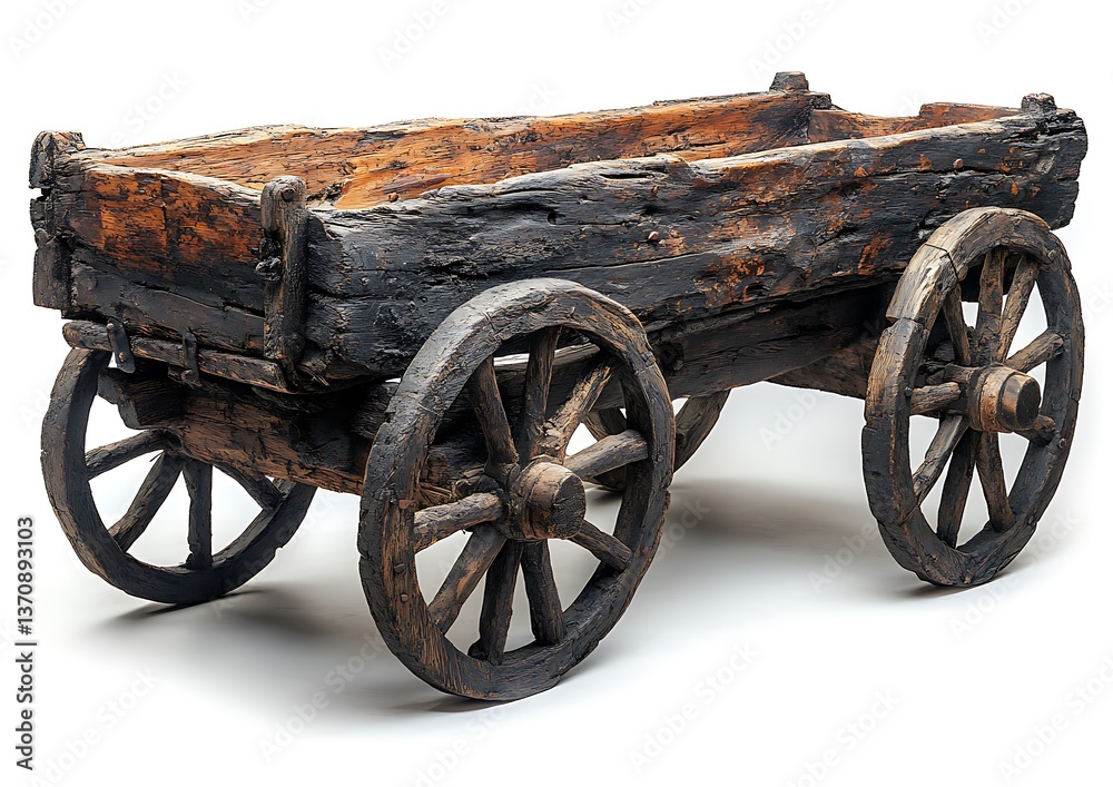 Obraz premium A weathered wooden cart has four wheels and rectangular body