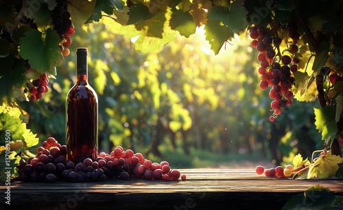 Bottled Wine Stands Proudly Among Fresh Grapes in Vineyard During Golden Hour