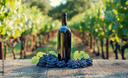 Bottled Wine Stands Proudly Among Fresh Grapes in Vineyard During Golden Hour