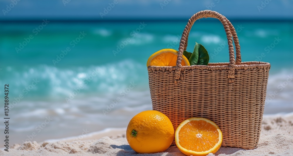 Vibrant Oranges and a Woven Basket on a Sunlit Beach Near Turquoise Waters