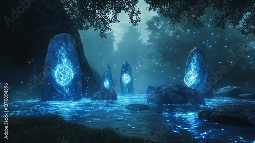The water appears to be liquid light, pulsing with energy, as mystical blue runes shine on the surrounding stones.