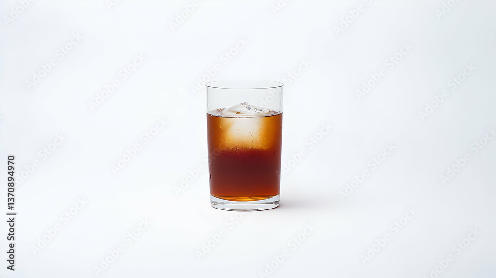 Tall Glass Of Brown Liquid And Ice Cubes On White Background Isolated Studio Shot Tall Glass Of Brown Liquid And Ice Cubes On White Background Isolated Studio Shot