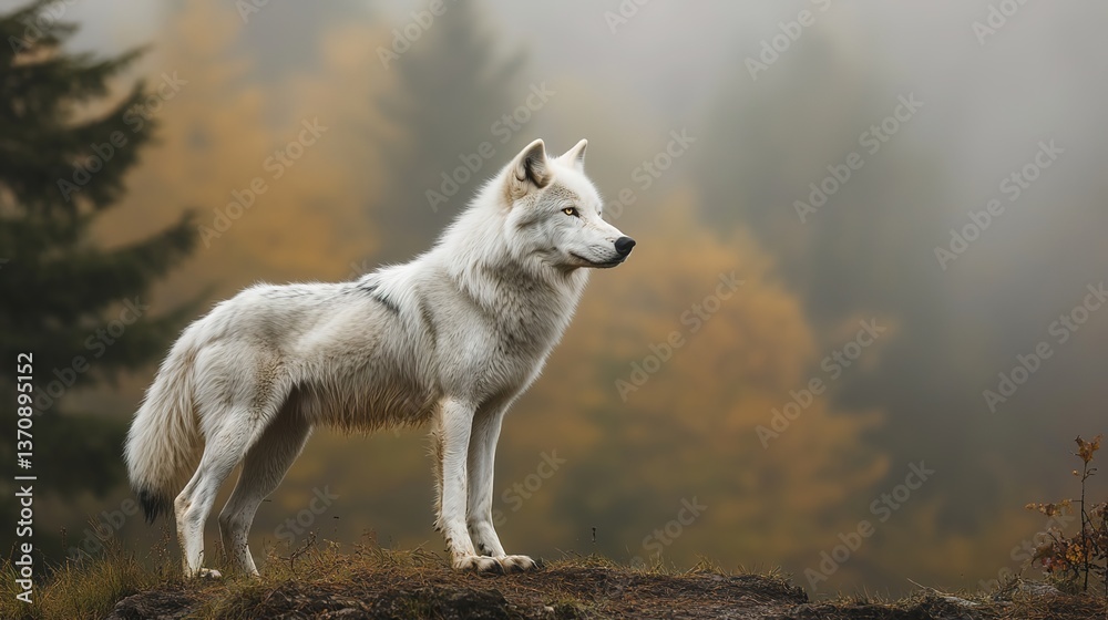 Fototapeta premium A white wolf standing on a rocky outcrop, looking out at a misty forest