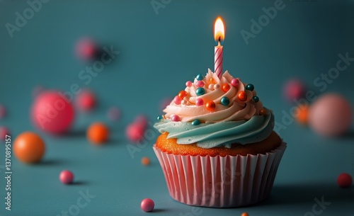 Colorful Cupcake With a Lit Candle and Sprinkles on a Blue Background
