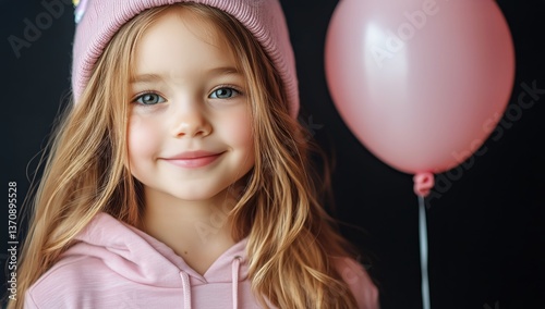 Smiling Girl in Pink Hat and Hoodie With Balloon Against Dark Background