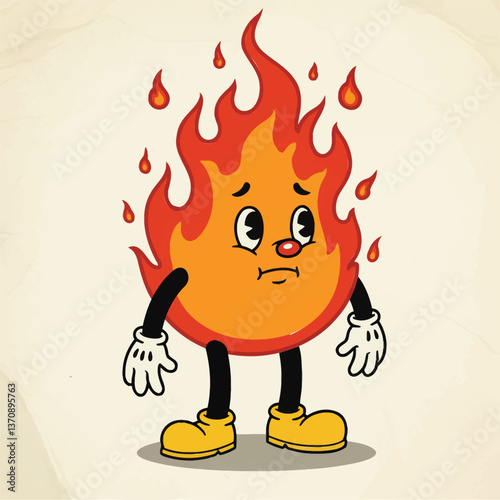a playful vector illustration of a cartoon flame character. The flame should have a rounded, orange body with red flames adorning its top and sides.