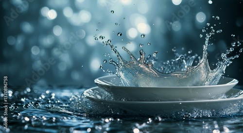 Water Splash in Dishes Creating Mesmerizing Droplets Under Soft Lighting