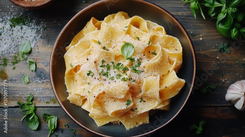 Delicious Creamy Pasta Served in a Bowl With Herbs and Garnishes on a Wooden ...