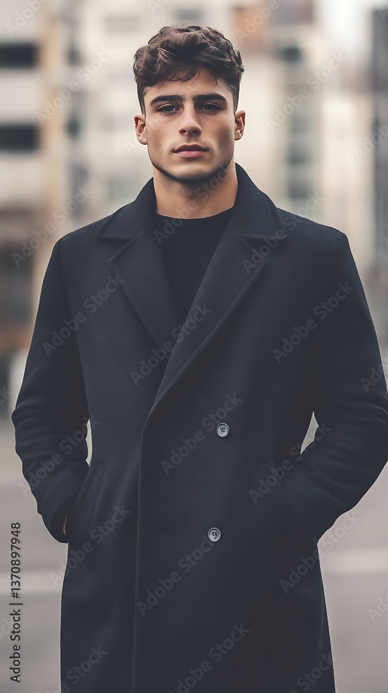 Stylish young man in dark wool coat with hands in pockets, confident city fashion portrait