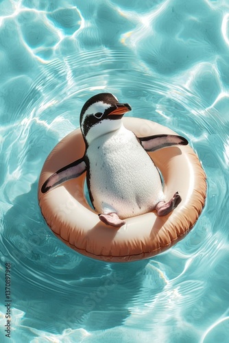 vacation vibes animal concept A penguin floats on a lifebuoy in a shimmering blue pool, enjoying a leisurely moment.