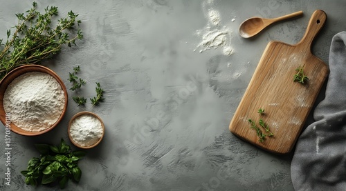 Fresh Herbs and Flour on Kitchen Countertop Ready for Cooking