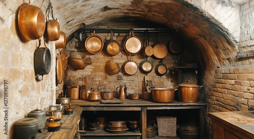 Vintage Kitchen With Copper Cookware Hanging on a Rustic Wall in a Cozy Setting